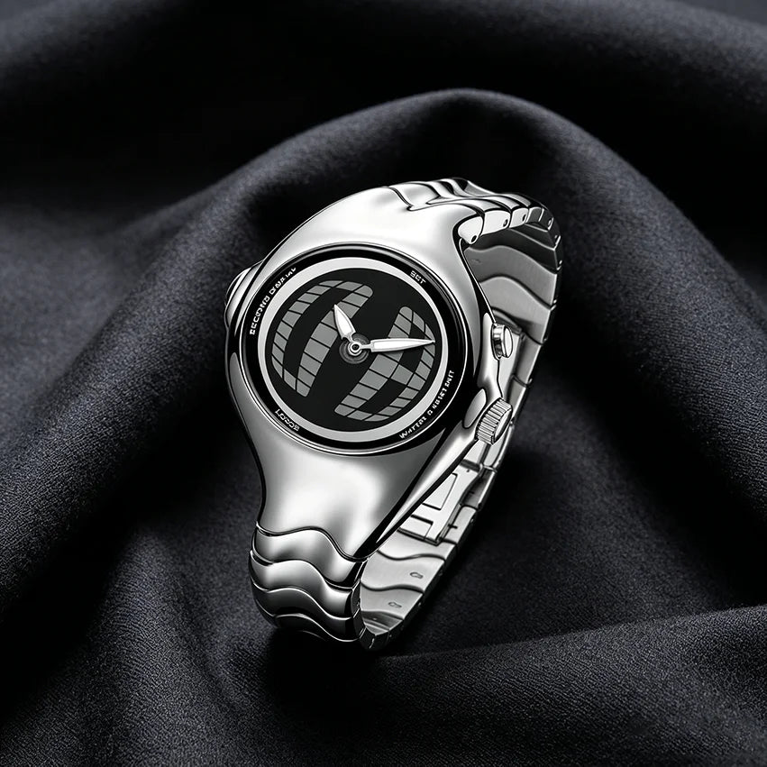 Mercury Onyx resting on dark cloth, showing the waved bracelet