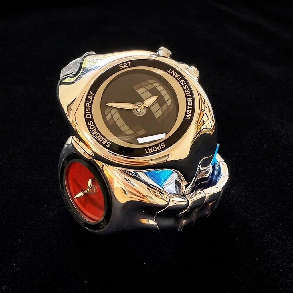 Two Mercury watches stacked on black, protective film still on the cases